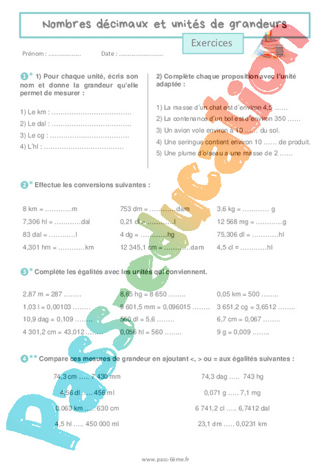 Exercice Nombres décimaux et unités de grandeur : 6ème