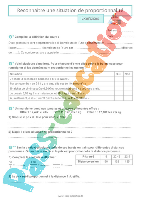 Exercice Notion de proportionnalité : 6ème