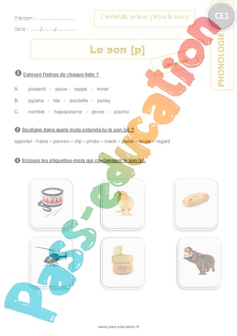 Exercice P / B - Son Complexe, Confusion : CE1 - Cycle 2 - Pass Education