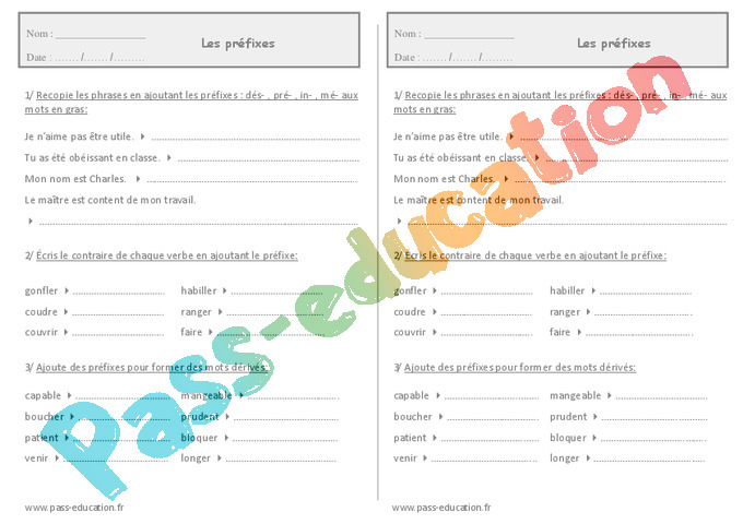 Exercice Préfixe Suffixe Cm1 à Imprimer
