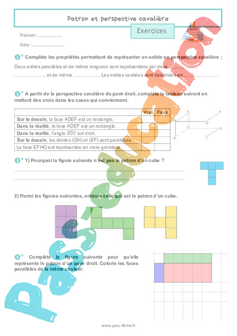 Exercice Représentation en perspective cavalière : 6ème