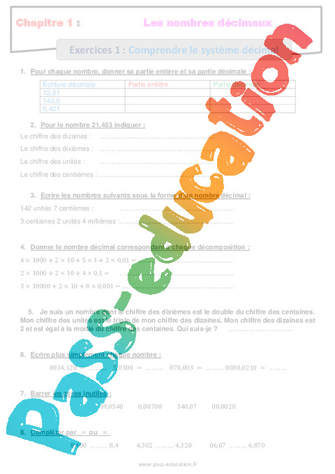 Exercice Révisions nombres décimaux : 6ème