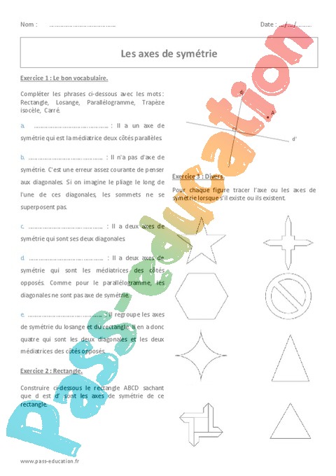 Exercice Symétrie axiale : 6ème - Cycle 3