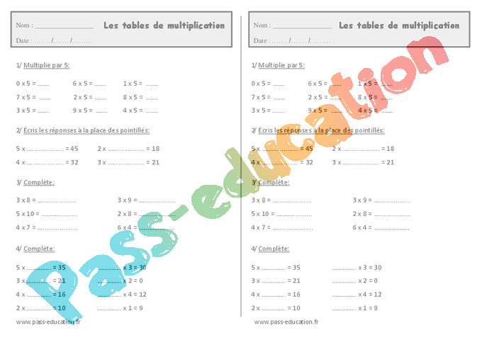 Exercice Tables de multiplication : CE1 - Cycle 2 - Pass Education