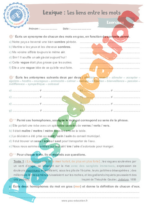 Exercice Vocabulaire Homonymes, homophones : 3ème