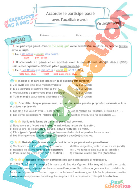 Leçon, exercice et évaluation :<br/> Accorder le participe passé avec l’auxiliaire avoir : CM2