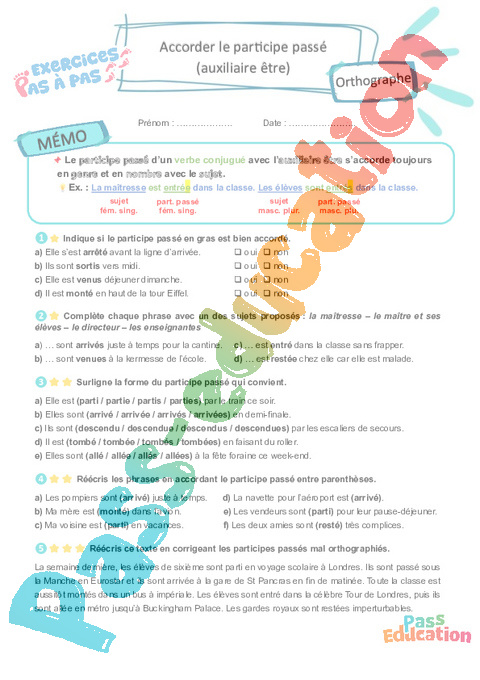 Leçon, exercice et évaluation :<br/> Accorder le participe passé avec l’auxiliaire être : CM2