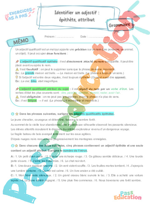 Cours et exercice : Adjectif Qualificatif : 5ème