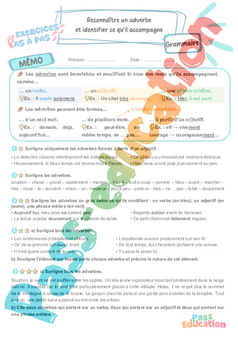 Leçon, exercice et évaluation :<br/> Adverbes : CM2