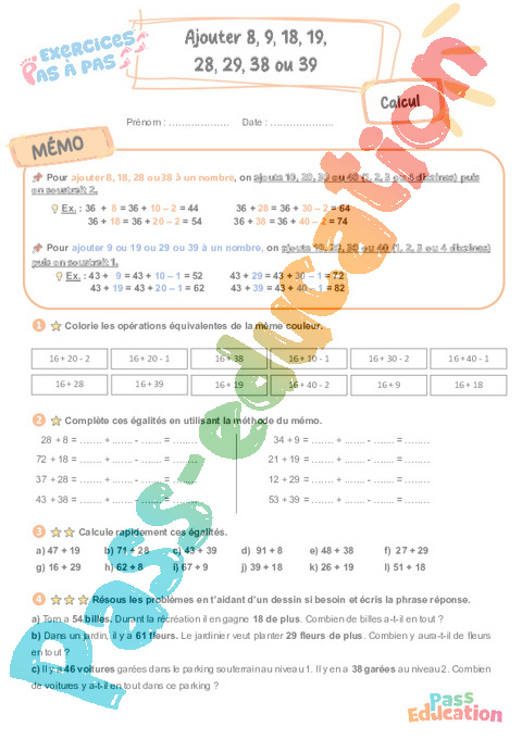Leçon, exercice et évaluation :<br/> Ajouter 8, 9, 18, 19, 28, 29, 38 ou 39 : CE2