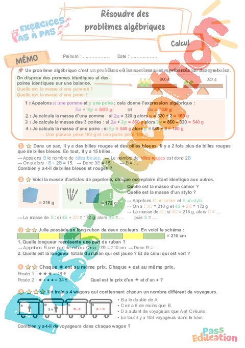 Leçon, exercice et évaluation :<br/> Algébriques : CM2