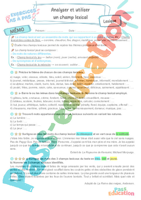 Cours et exercice : Analyser et utiliser un champ lexical : 6ème