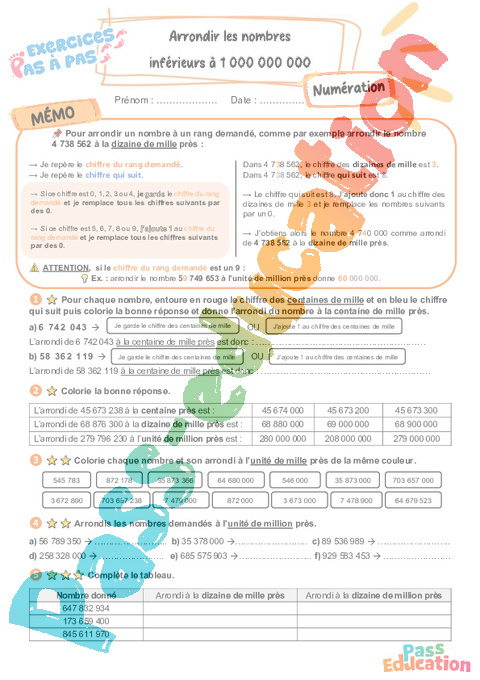 Leçon, exercice et évaluation :<br/> Arrondir les nombres inférieurs à 1 000 000 000 : CM2