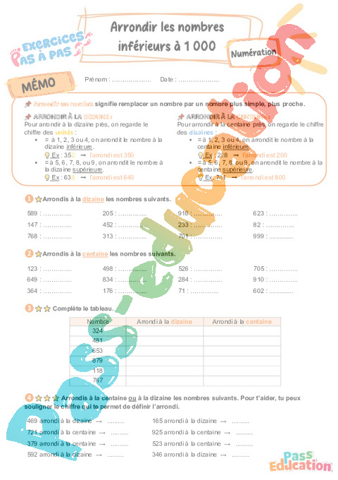 Leçon, exercice et évaluation :<br/> Arrondir les nombres inférieurs à 1 000 : CE2