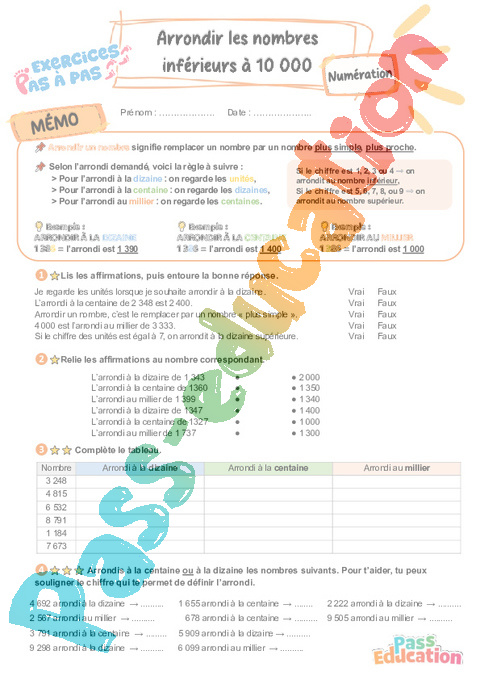 Leçon, exercice et évaluation :<br/> Arrondir les nombres inférieurs à 10 000 : CE2