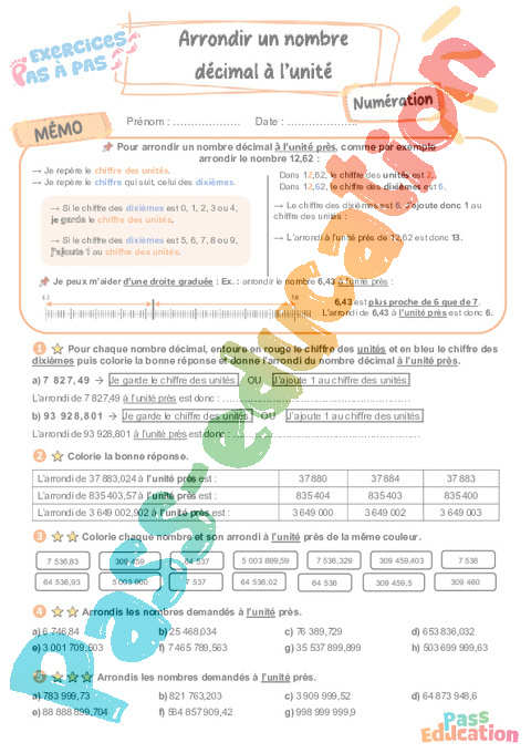 Leçon, exercice et évaluation :<br/> Arrondir un nombre décimal à l’unité : CM2