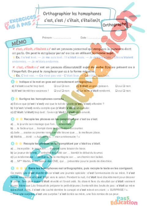 Leçon, exercice et évaluation :<br/> c’est, s’est / c’était, s’étai(en)t : Orthographier les homophones : CM2