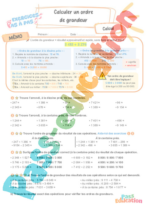 Leçon, exercice et évaluation :<br/> Calculer un ordre de grandeur : CM2