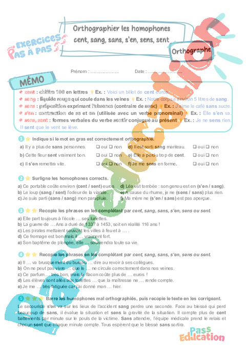 Leçon, exercice et évaluation :<br/> Cent, sang, sans, s’en, sens, sent : orthographier : CM2