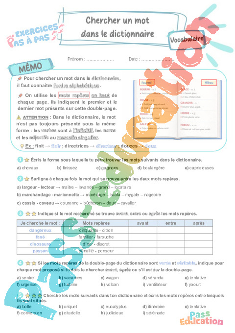 Leçon, exercice et évaluation :<br/> Chercher un mot dans le dictionnaire : CM2