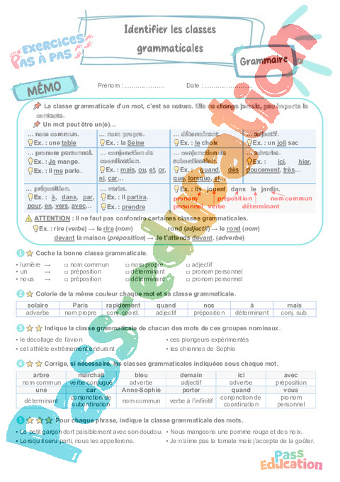 Leçon, exercice et évaluation :<br/> Classes de mots : CM2