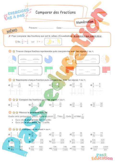 Leçon, exercice et évaluation :<br/> Comparer des fractions : CM2