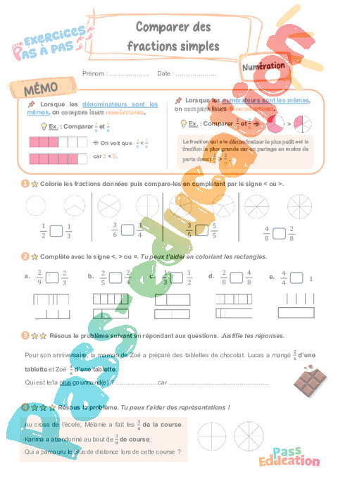 Leçon, exercice et évaluation :<br/> Comparer des fractions simples : CE2