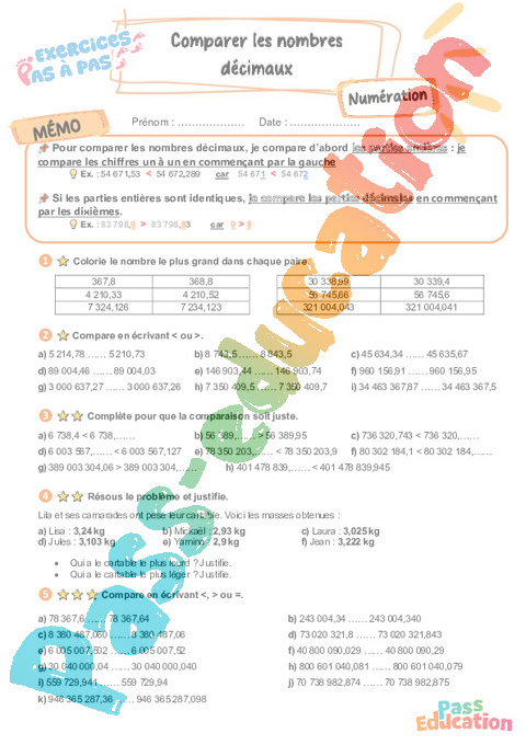 Leçon, exercice et évaluation :<br/> Comparer les nombres décimaux : CM2