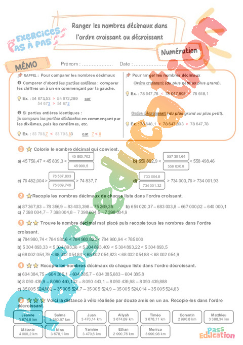 Leçon, exercice et évaluation :<br/> Comparer / ranger : CM2