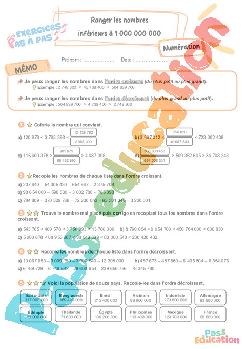 Leçon, exercice et évaluation :<br/> Comparer / ranger : CM2