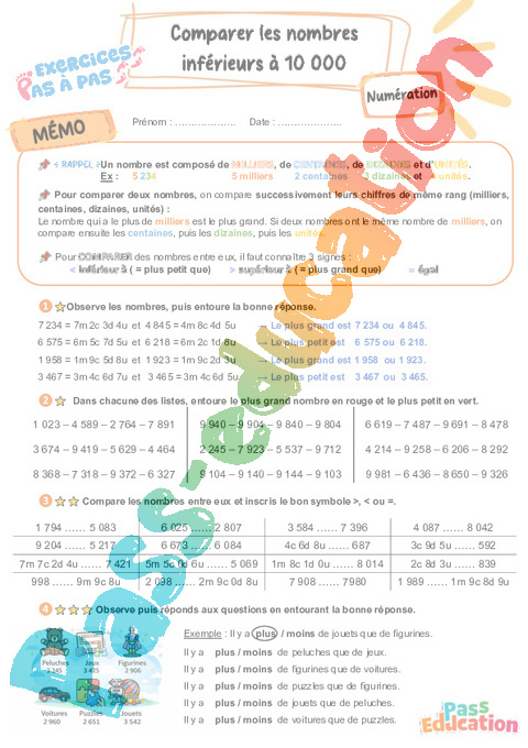 Leçon, exercice et évaluation :<br/> Comparer / ranger : CE2