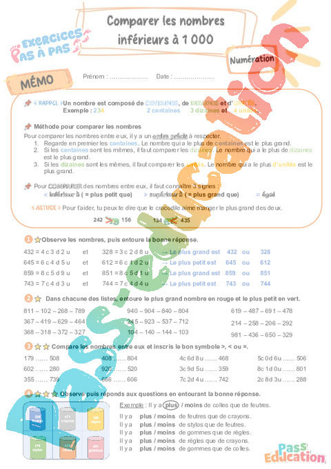 Leçon, exercice et évaluation :<br/> Comparer / ranger : CE2
