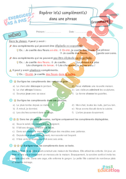 Leçon, exercice et évaluation :<br/> Complément de phrase / complément circonstanciel : CE2