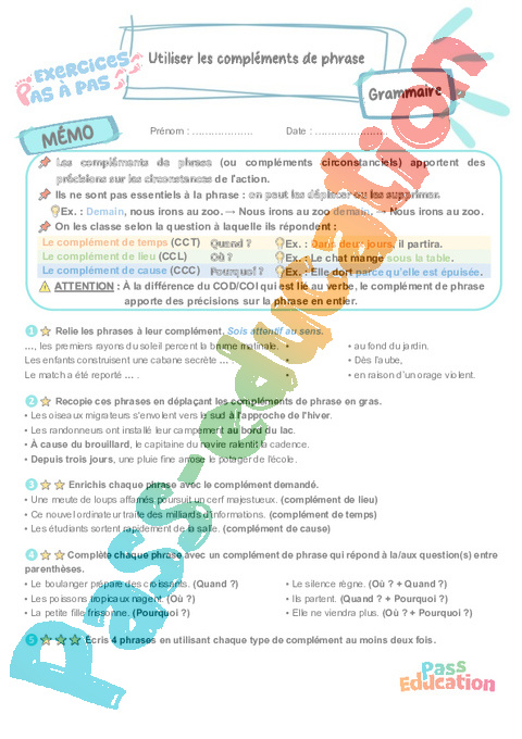 Leçon, exercice et évaluation :<br/> Complément de phrase : CM2