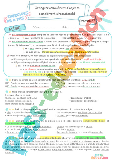 Leçon, exercice et évaluation :<br/> Complément du verbe: COD, COI, COS : CM1