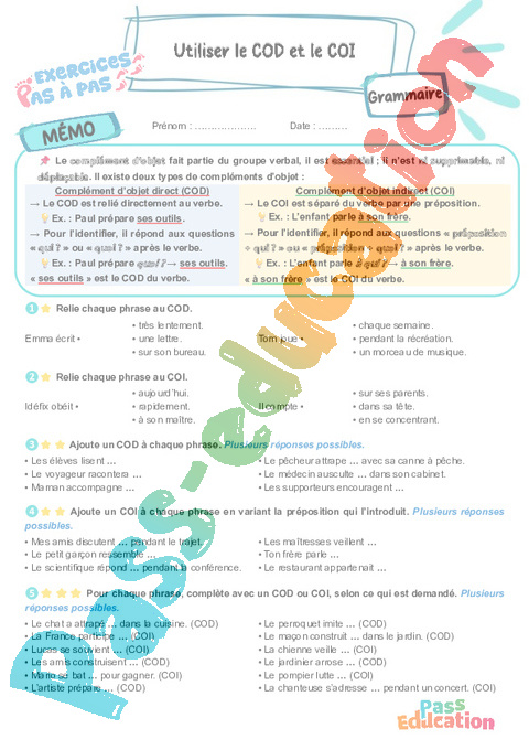 Leçon, exercice et évaluation :<br/> Complément du verbe : CM1
