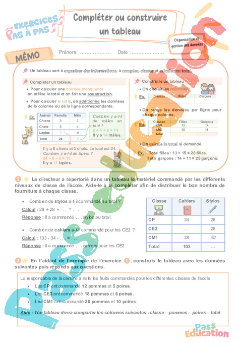 Leçon, exercice et évaluation :<br/> Compléter ou construire un tableau : CE2