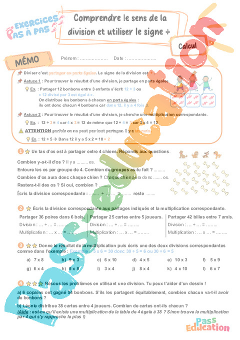 Leçon, exercice et évaluation :<br/> Comprendre le sens de la division et utiliser le signe ÷ : CE2