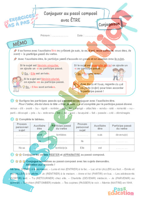 Leçon, exercice et évaluation :<br/> Conjuguer au passé composé avec l’auxiliaire être : CE2