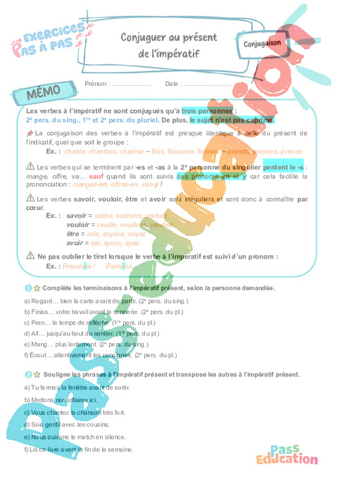 Cours et exercice : Conjuguer au présent de l’impératif : 5ème