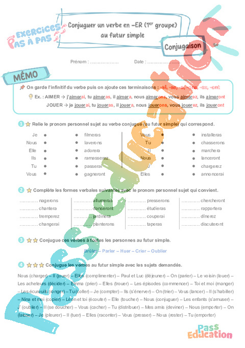 Leçon, exercice et évaluation :<br/> Conjuguer les verbes du 1er groupe au futur simple : CE2
