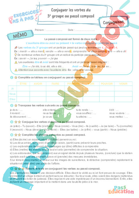 Cours et exercice : Conjuguer les verbes du 3e groupe au passé composé avec être ou avoir : 6ème