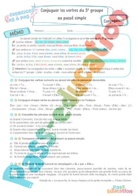 Cours et exercice : Conjuguer les verbes du 3e groupe au passé simple : 6ème