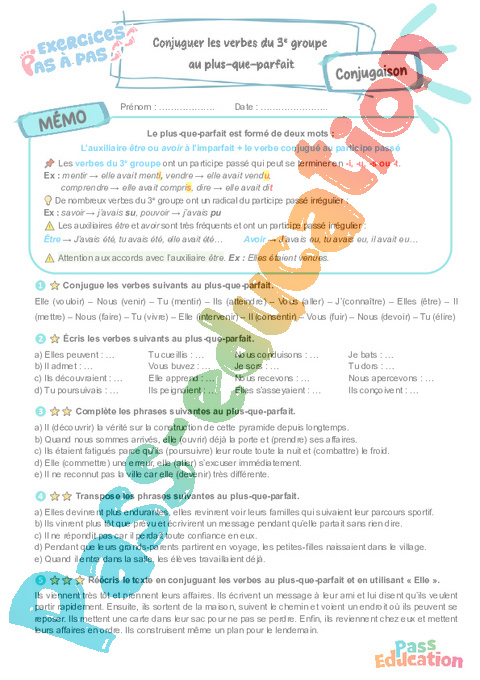Cours et exercice : Conjuguer les verbes du 3e groupe au plus-que-parfait avec être ou avoir : 6ème