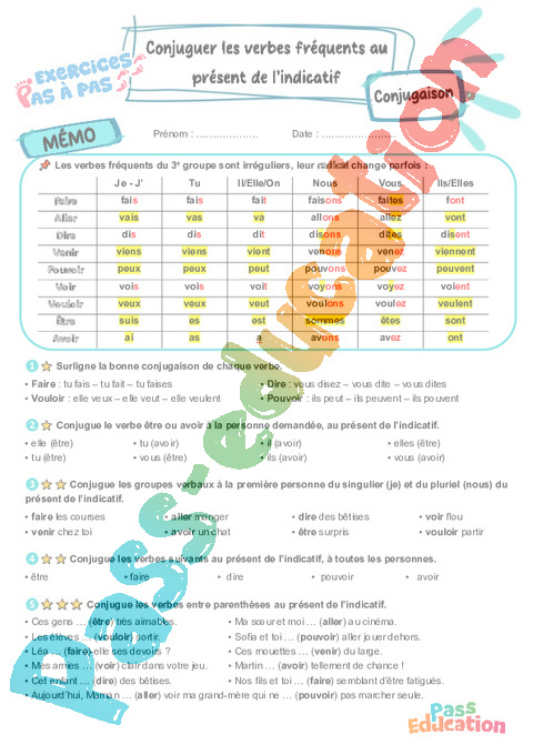 Leçon, exercice et évaluation :<br/> Conjuguer les verbes fréquents au présent de l’indicatif : CM2