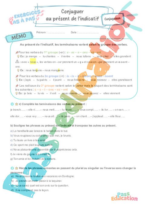 Cours et exercice : Conjuguer un verbe au présent de l’indicatif : 5ème