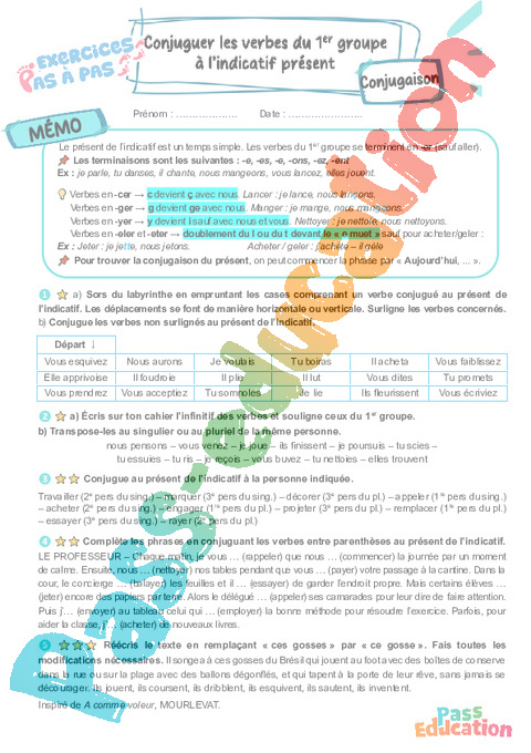 Cours et exercice : Conjuguer un verbe du 1er groupe au présent de l’indicatif : 6ème
