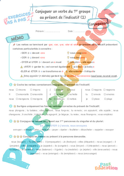 Leçon, exercice et évaluation :<br/> Conjuguer un verbe du 1er groupe au présent de l’indicatif : CE2