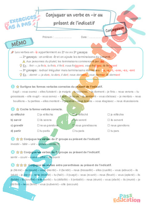 Leçon, exercice et évaluation :<br/> Conjuguer un verbe en -ir au présent de l’indicatif : CM2