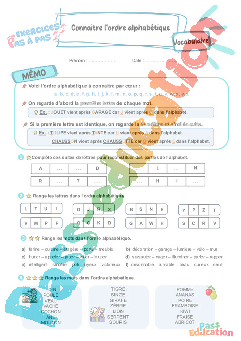 Leçon, exercice et évaluation :<br/> Connaître l’ordre alphabétique : CE2